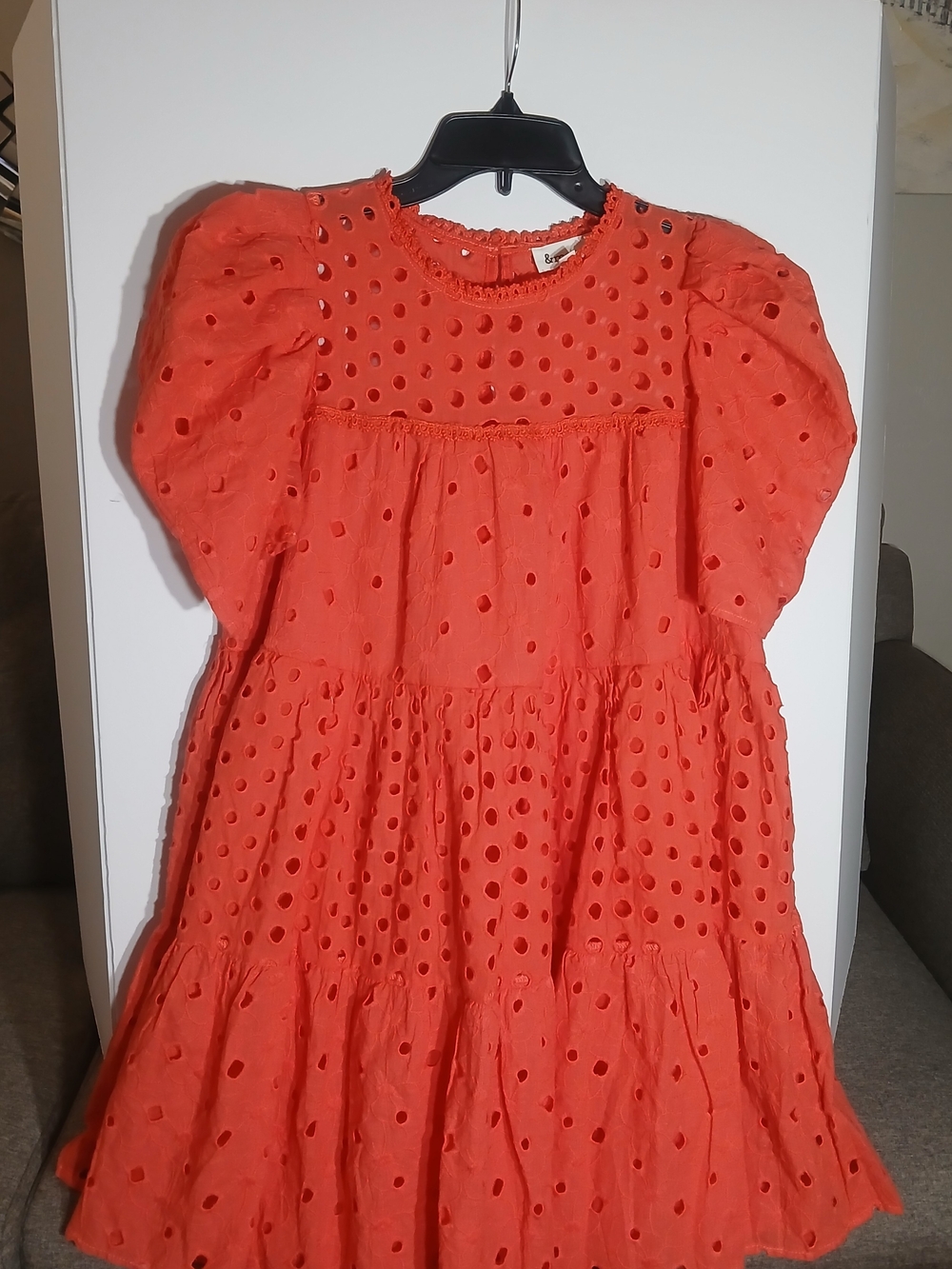 Women Puff-Sleeve Coral Eyelet Tiered Mini Dress M